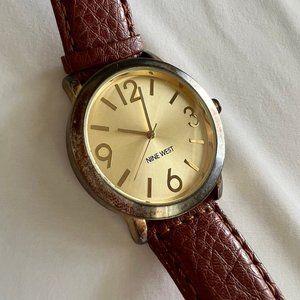 Brown Leather Nine West Brand Round Face Gold Tone Women’s Wrist Watch